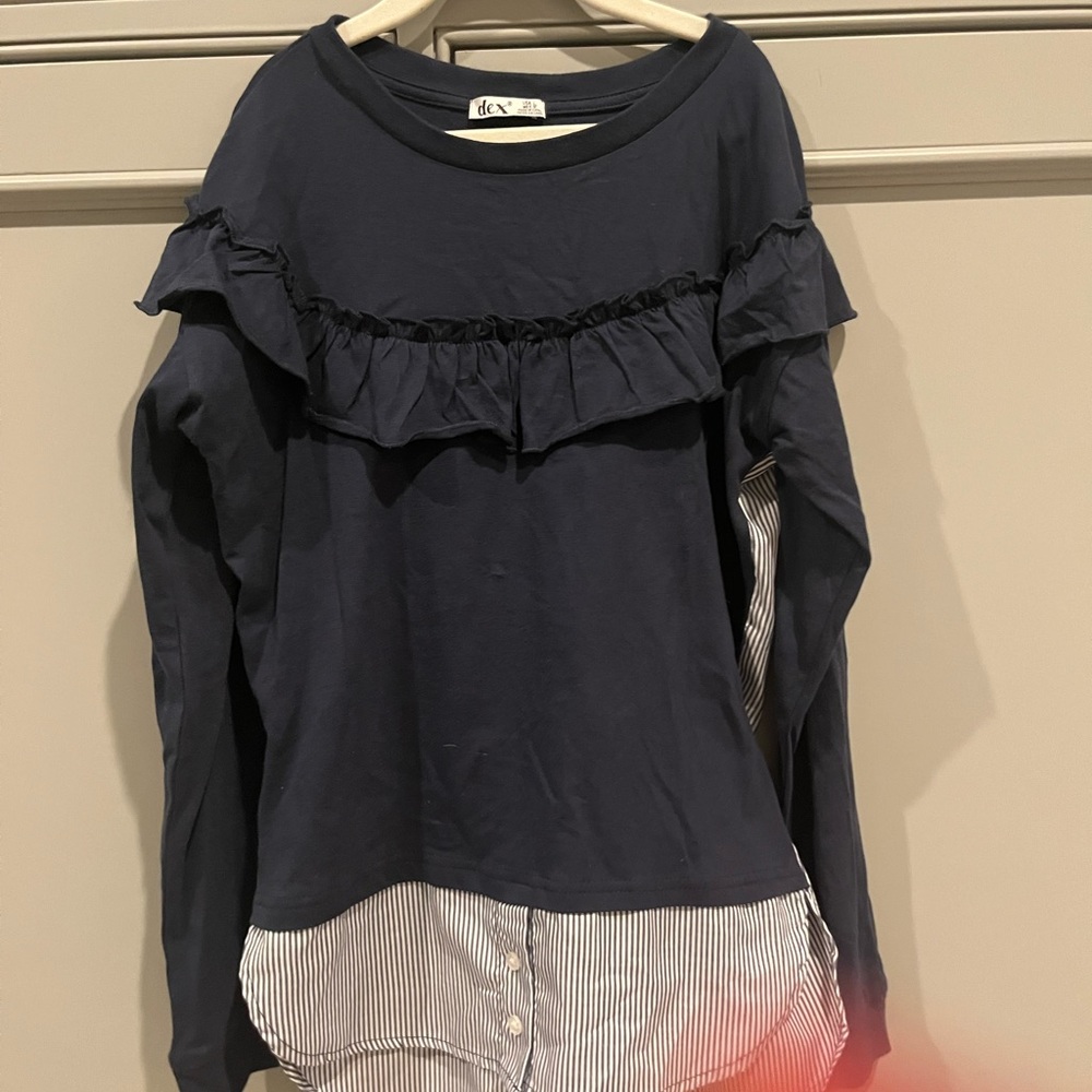 Navy Ruffled Long Sleeve Top